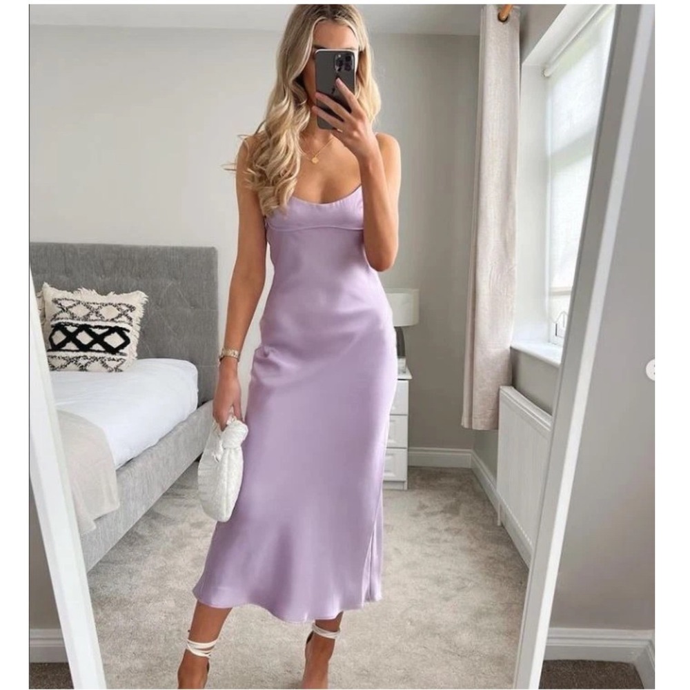 NWT Zara Lilac Purple Satin Strappy Slip Midi Dress Straps Women 3304 361 XS